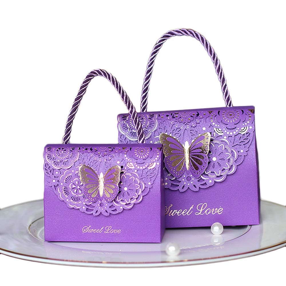Eyxia Wedding Favor Boxes Flower Laser Cut Party Favors Bags Baby Shower Candy Gift Box Set Butterfly Event Decoration Wholesale 20pcs Purple