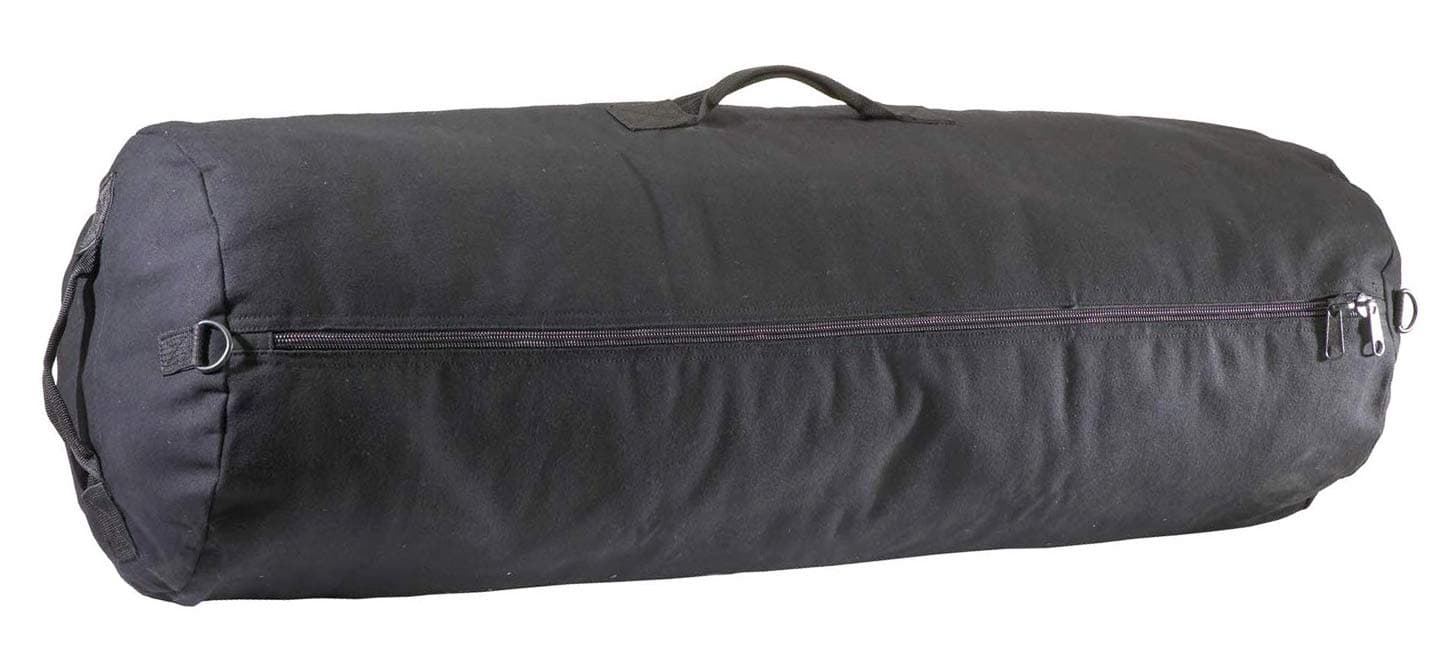 Farm Blue GI Style Zipper Duffel Bag - Large Heavy Duty Army Duffle Bag - Military Grade Cotton Canvas Duffel Bag - Reinforced Camping Bag - Strong Zipper, Center Grab Handle –21” x 36” - Black