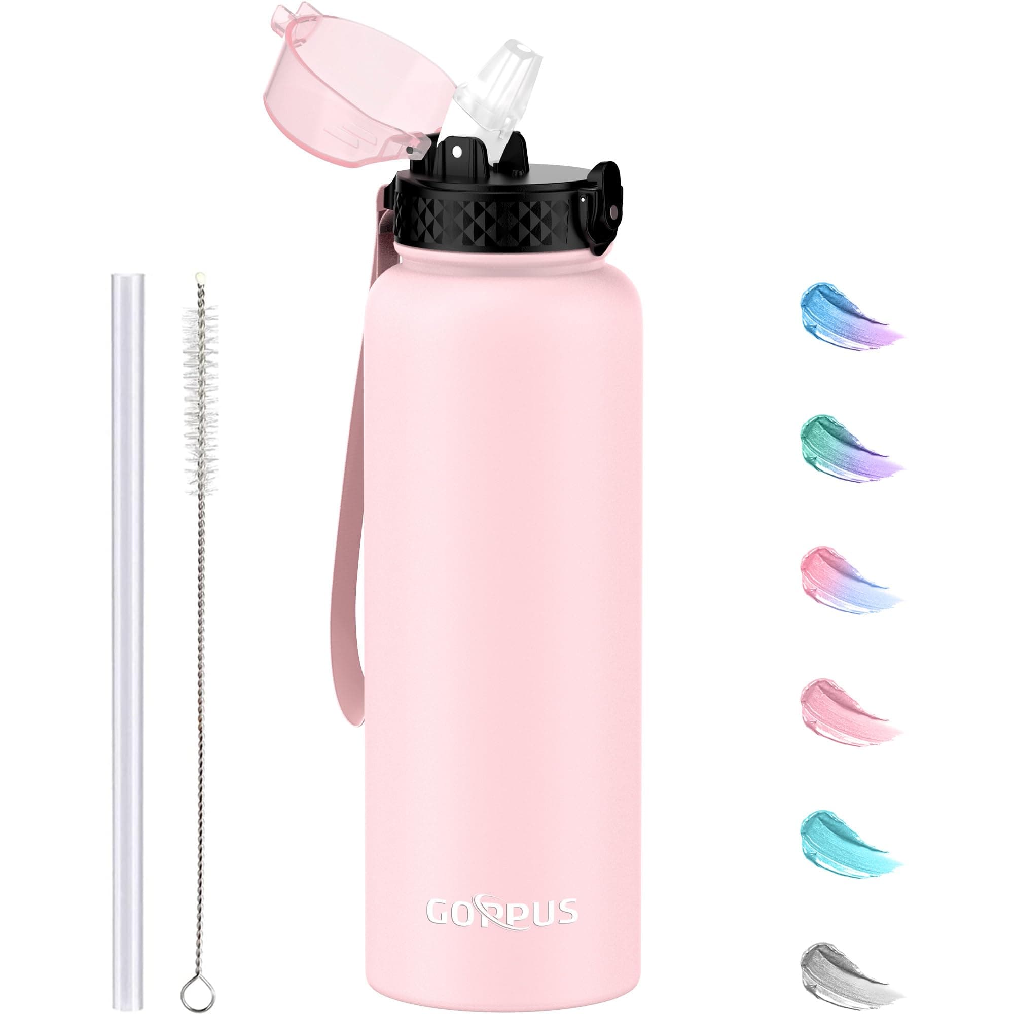 1.2L/40oz Stainless Water Bottle with Straw Double Wall Insulated Bottles with Strap Large Vacuum Thermal Flask Leakproof Keep Cold Drinks Bottles with Flip Top Lid for Men Women BPA Free