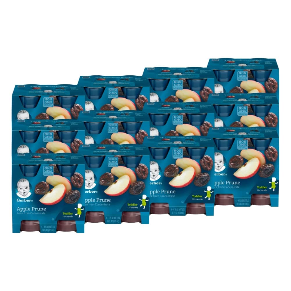 Gerber Apple Prune Juice, Non-GMO Juice from Concentrate, Made for Toddlers, 4-4 FL OZ Bottles Per Pack (Pack of 12)