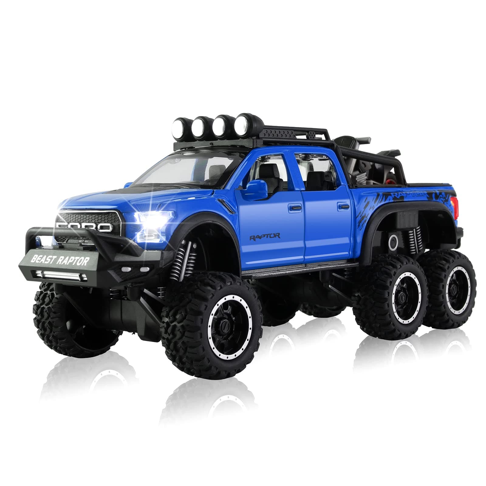 Toy Pickup F150 six-Wheel (Length 8.6 inch) Metal die-cast Model car Sound and Light with Motorcycle Toy car 3 4 5 6 7 8 9 10 11 12 Year Old boy Toy (Blue)