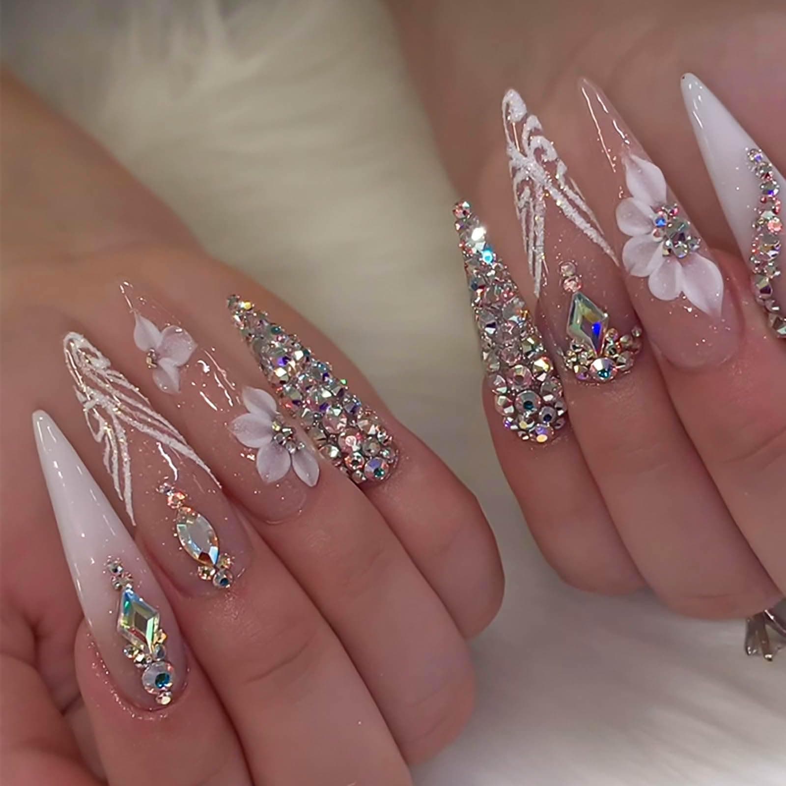 Long Press on Nails Stiletto Shaped Fake Nails Handmade False Nails with Rhinestones Designs White Ombre Glue on Nails Glitter Artificial Nails Luxury Stick on Nails for Women 24Pcs