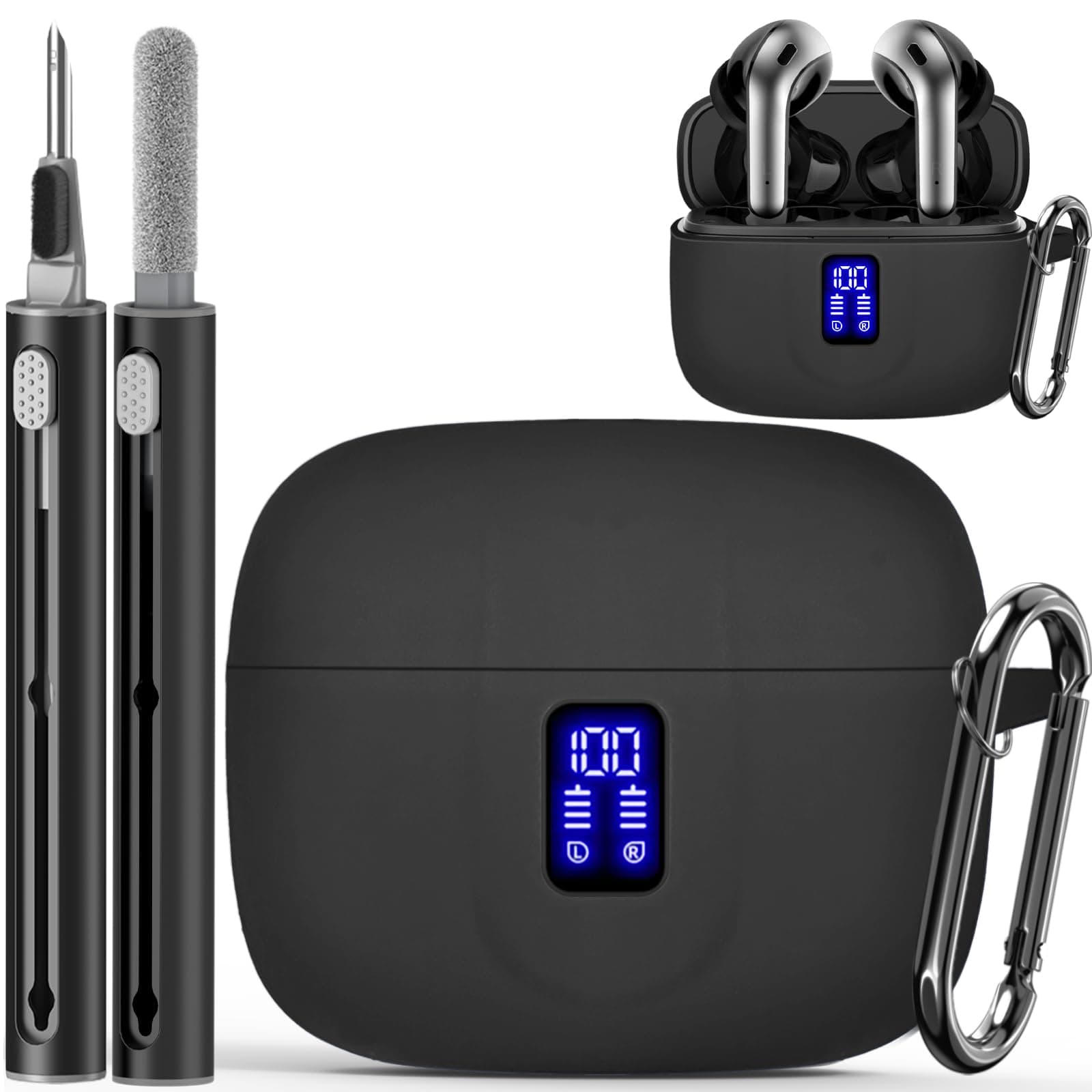 【with LED Display Window】 Case for TAGRY X08 Wireless Headphone, Earbuds Case Cover Compatible with TAGRY X08 Wireless Headphone, Silicone Protective Case with Keychain, with Cleaning Pen - Black