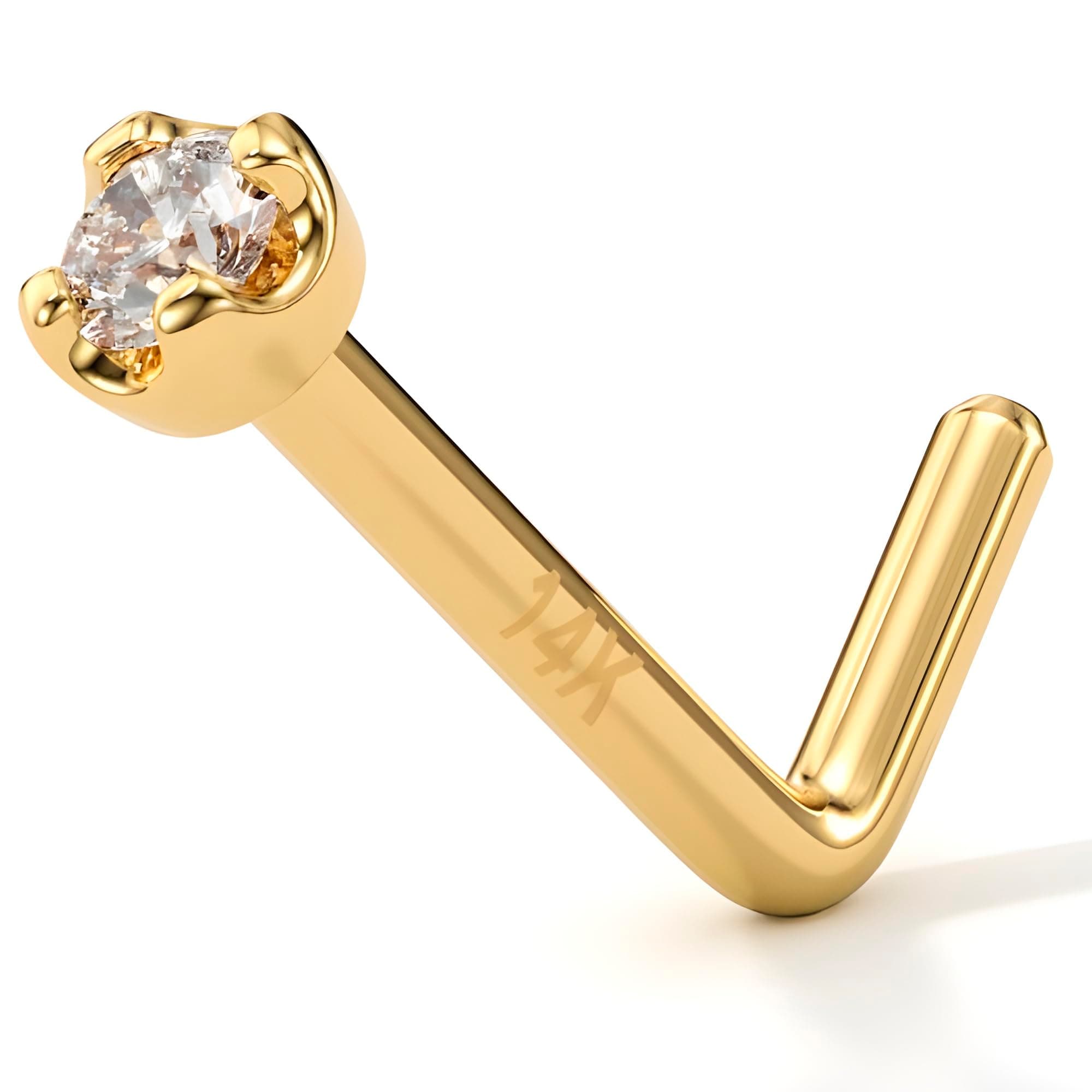 14K Solid Gold Nose Ring Studs - 1.5mm (0.015 cttw) Genuine Diamond L Shaped 20 Gauge 1/4" Real Gold Nose Ring Piercing Jewelry - 14 K Gold Nose Stud, Nose Piercings, Gold Nose Studs for Women, Men