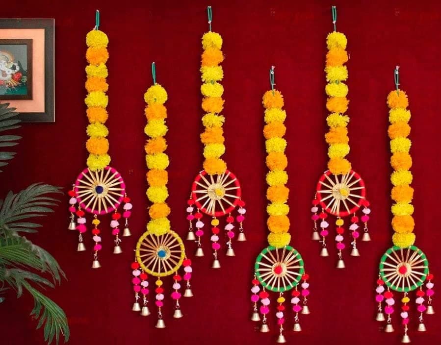 Just FlowersArtificial Marigold Flowers Wall Door Hanging Latkan Toran with Pom Pom Bells for Home Wedding Stage Backdrop Decoration (Set of 6Pc, Orange & Yellow)