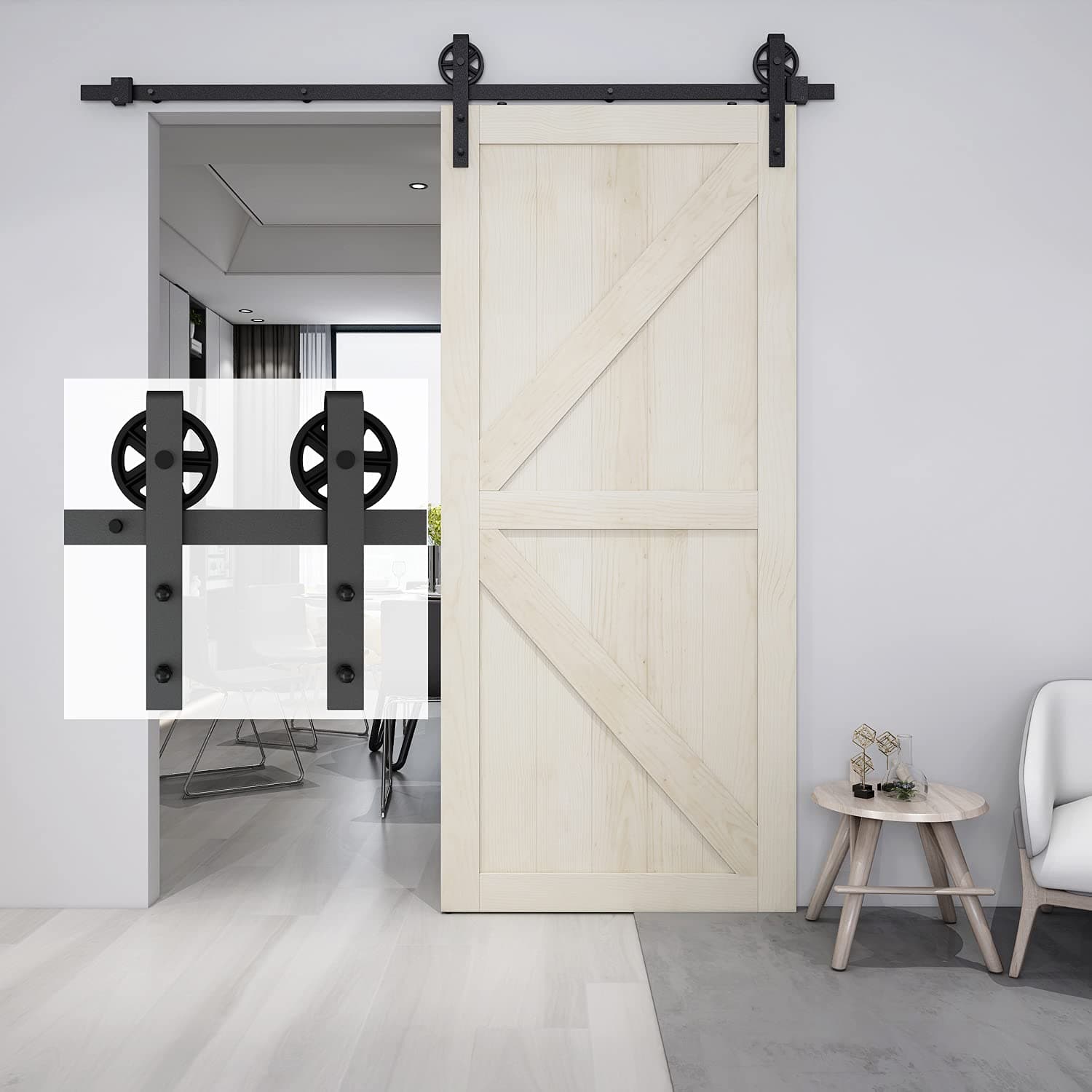 BARNSMITH 6FT 180cm Heavy Duty Steel Sliding Door Track for Single Wooden Barn Wardrobe Interior, Big Spoke Wheel Roller Hanger