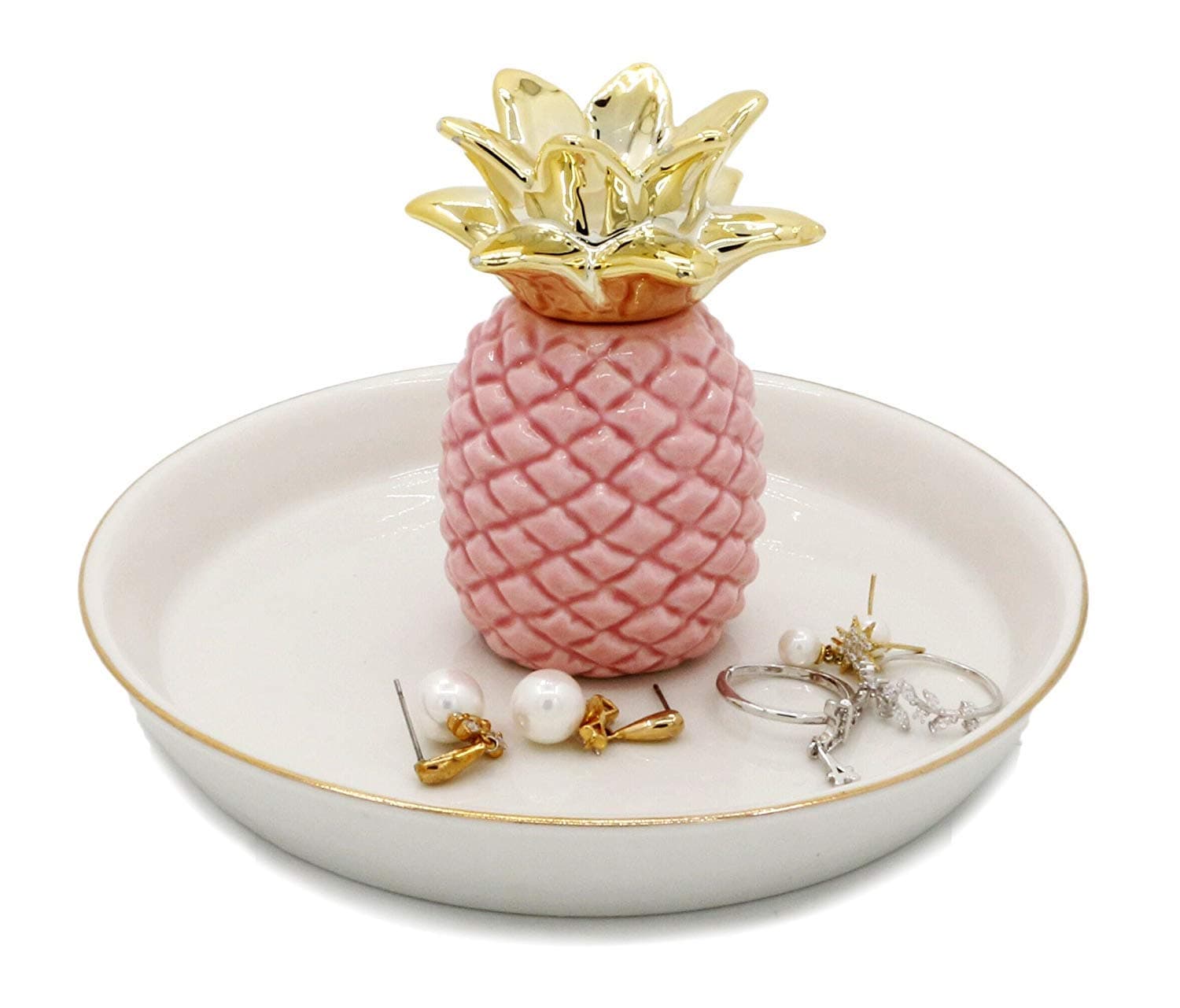 Jojuno Ceramic Ring Jewelry Holder Decor Dish Organizer, Jewelry Tray, Pink Pineapple Jewelry Plate (Size: 139 x 139 x 84mm/5.47 x 5.47 x 3.3in)