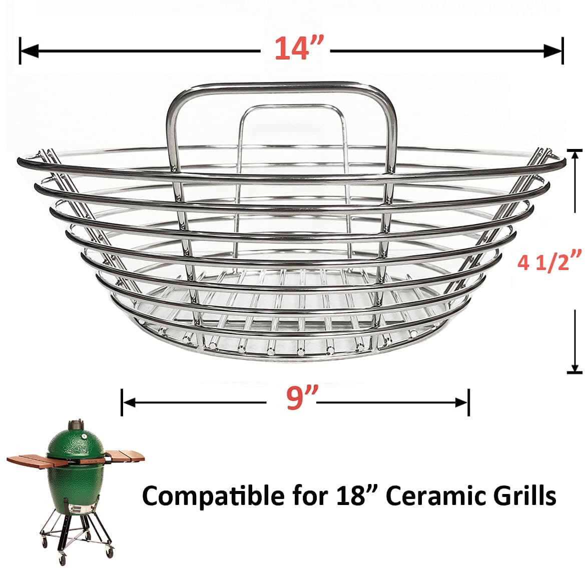 Lump Charcoal Fire Basket with Divider Stainless Steel Grill Ash Baskets Fits 18" Big Green Egg Accessories, Kamado Joe Classic Large Green Egg Basket