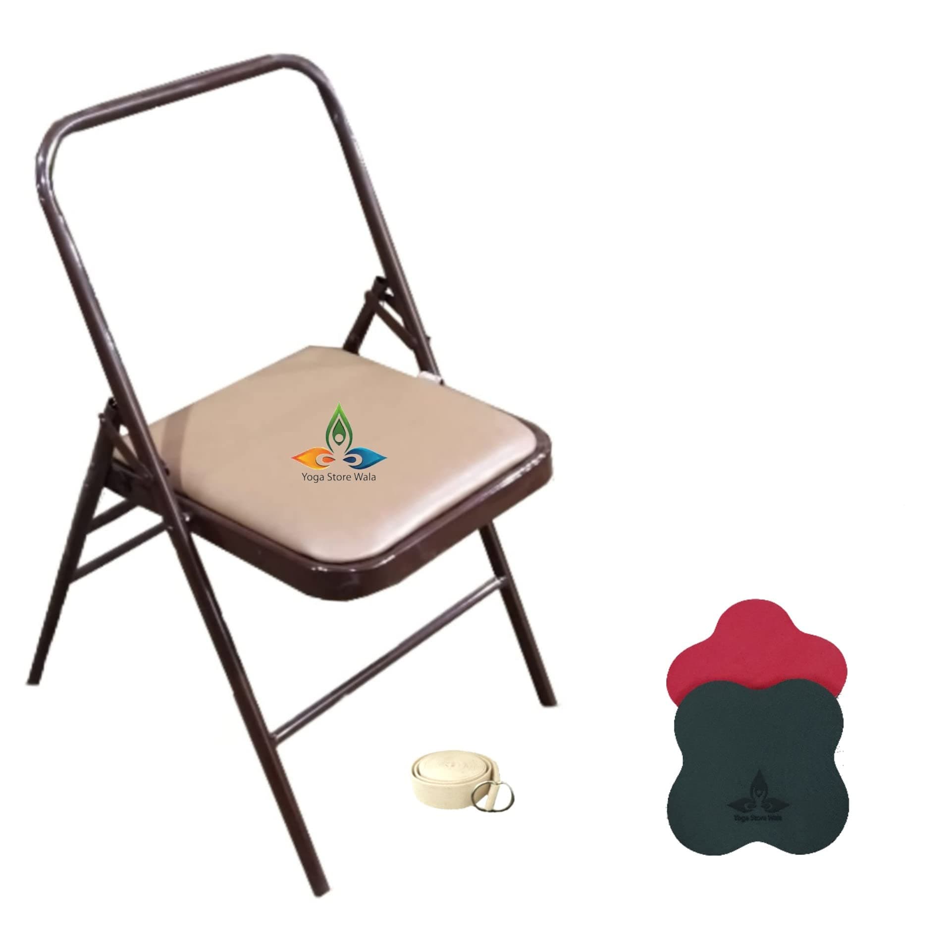 Yoga Store Wala Iyengar Chair with Knee Pad & Belt (Brown)
