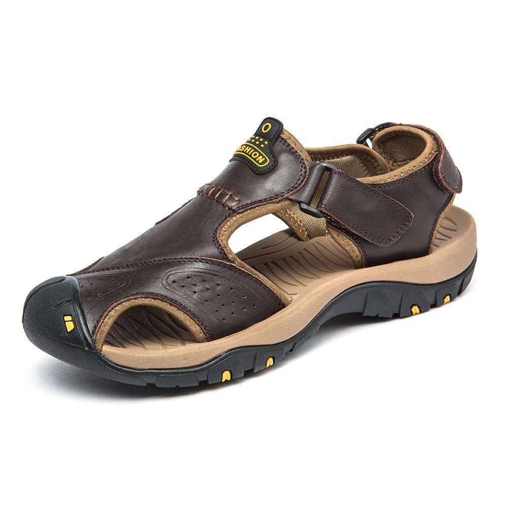 Sandals for Men Leather Hiking Sandals Athletic Walking Sports Fisherman Beach Shoes Closed Toe Water Sandals…, Deep Brown, 6.5 UK
