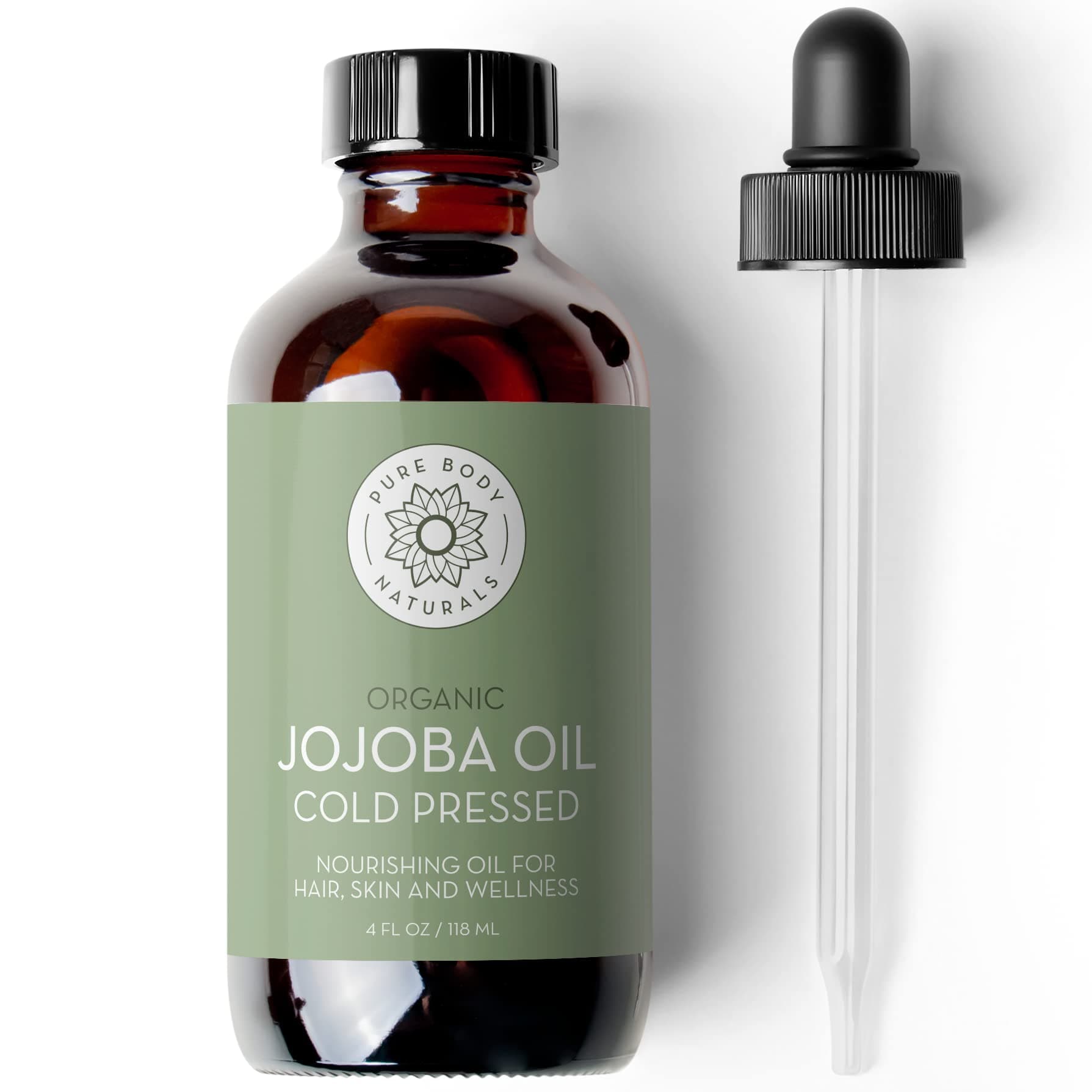 Pure Body Naturals Jojoba Oil - 100% Organic Cold Pressed Jojoba Oil, 4oz. - Premium Carrier Oil - Wonderful for Skin, Hair & Nails - All Anti-Inflammatory Oil,