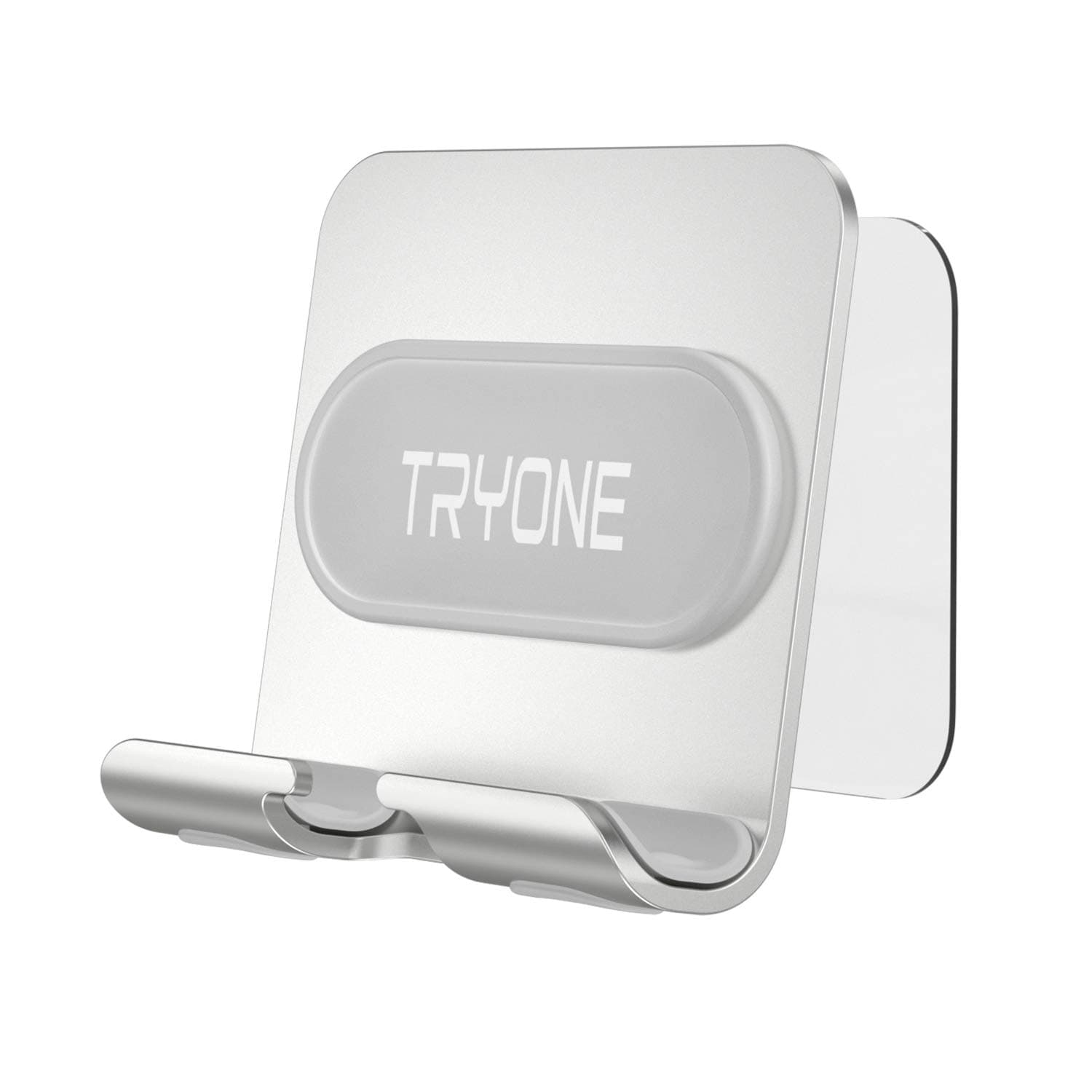 Tryone Wall Mount Cell Phone Holder - Mirror Adjustable Cellphone Stand with 2Pcs Adhesive Sticky Pads for Bathroom Bedroom Kitchen or Dorm, Compatible with iPhone Series or Other Smartphones