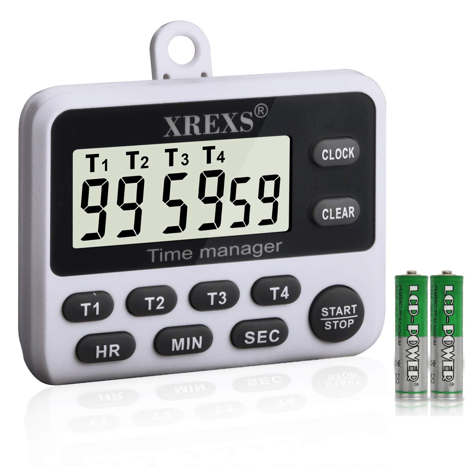 XREXS 4-Channel Digital Kitchen Timer Clock with Large LCD Display, 4 Groups Simultaneous Timing Countdown Up Pocket Timer, Magnetic Attachable (Battery Included)