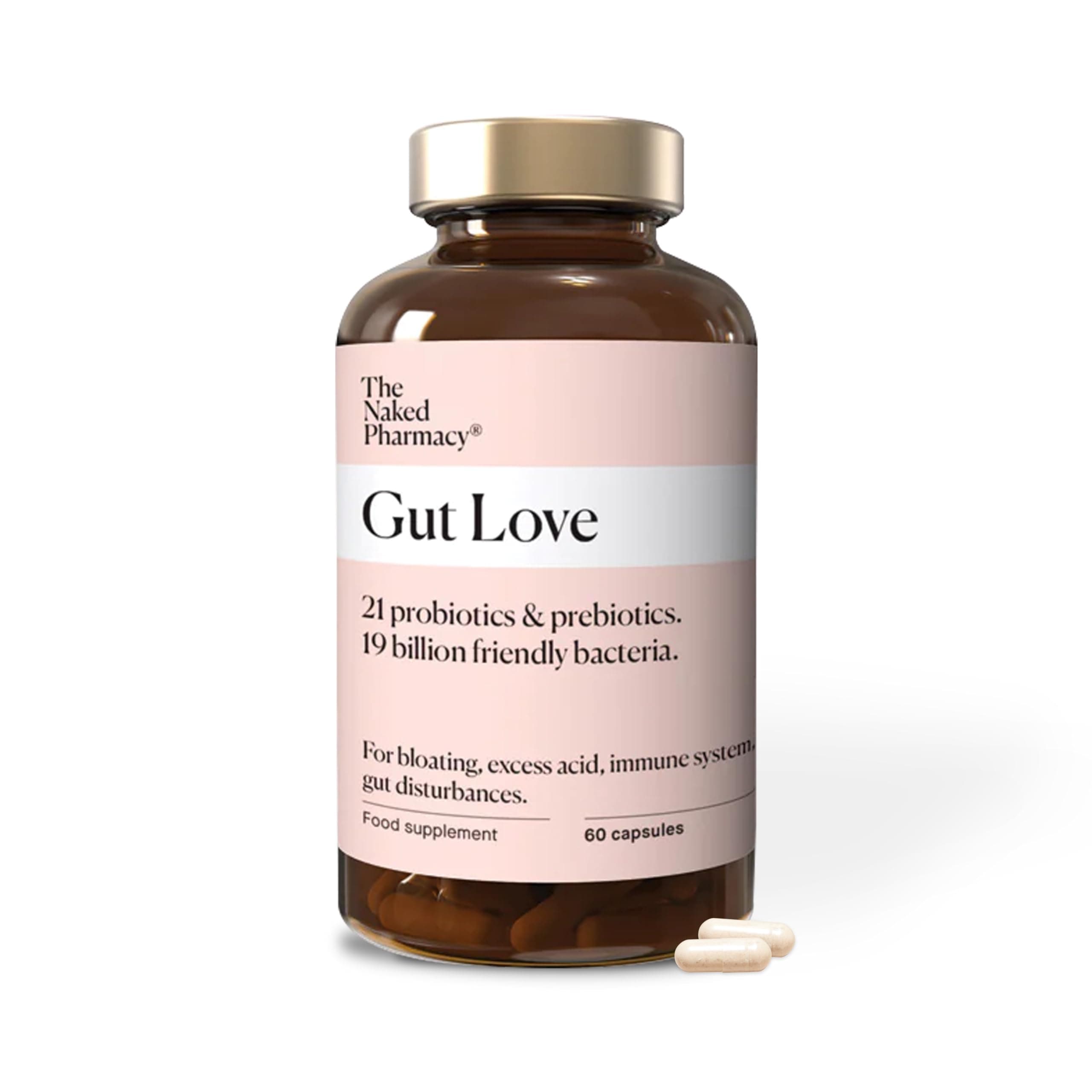Gut Love | Natural Probiotic & Prebiotic for Gut Health | High Strength | Digestive Supplements | Vegan | 60 Capsules