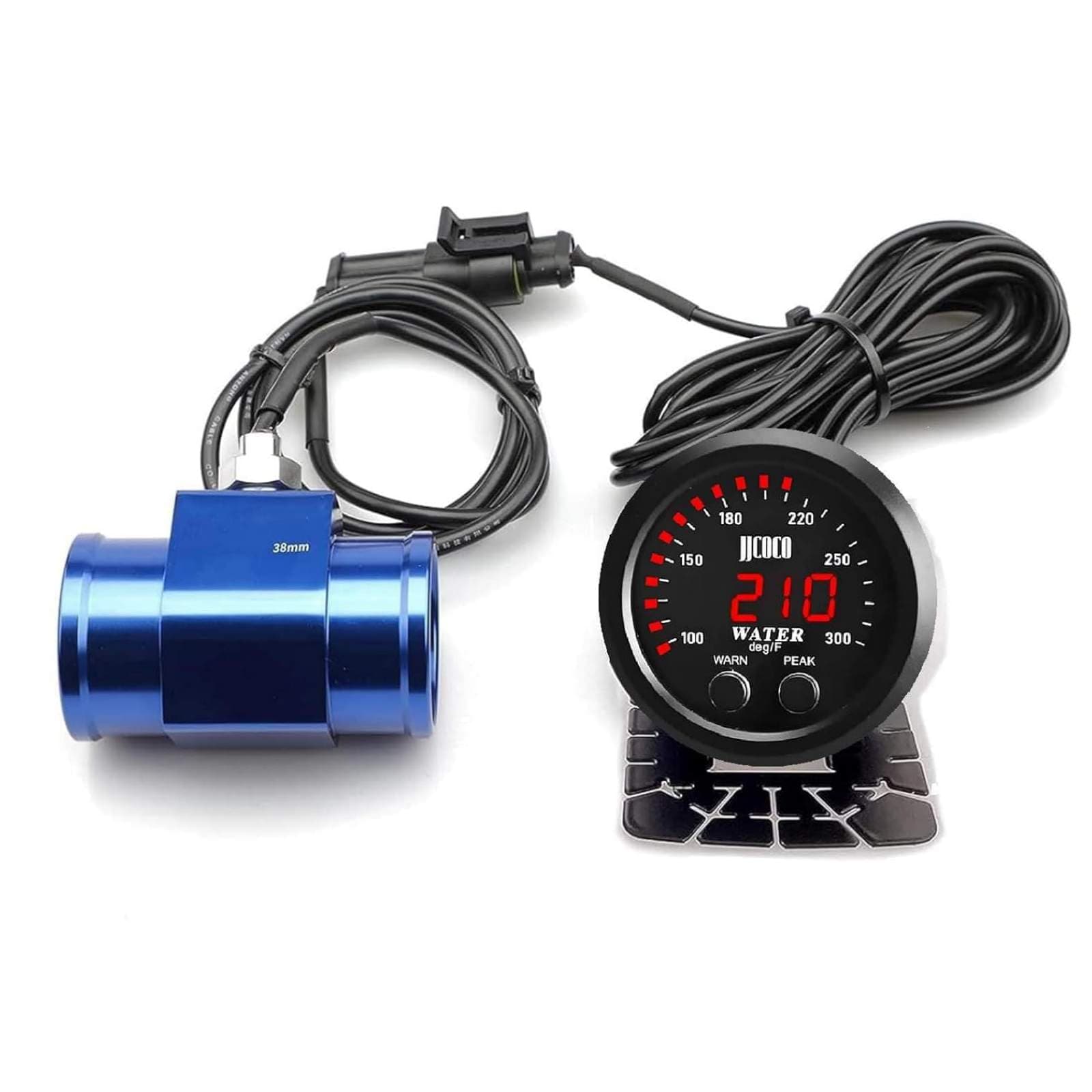 Universal 52mm Water Temperature Gauge with Alarm and 1/8 Npt Sensor Car Digital Meter Red Display Green Ambient Light Temp 100-300F(-17~187C)