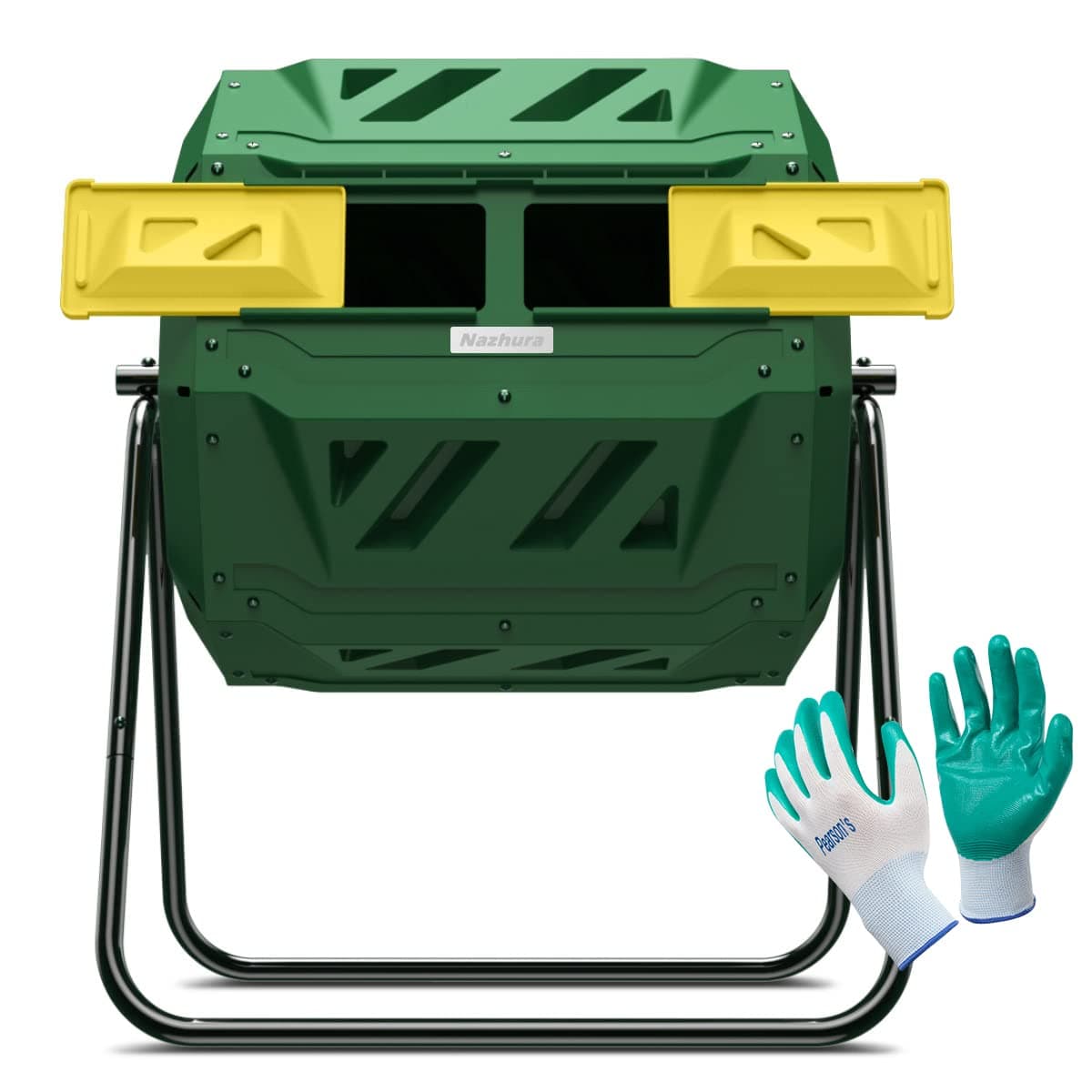 Nazhura Compost Tumbler Bin Composter Dual Chamber 43 Gallon (Bundled with Pearson's Gardening Gloves)
