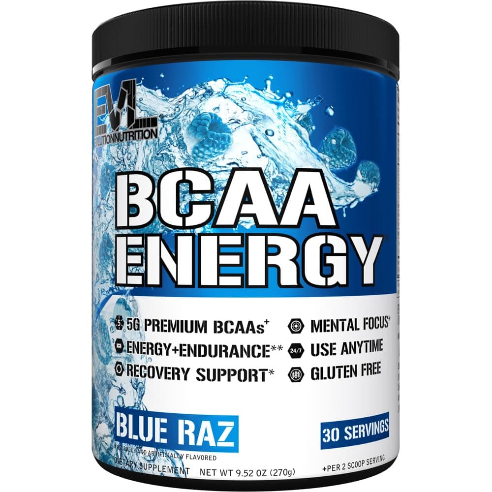 Evlution EVL BCAAs Amino Acids Powder - BCAA Energy Pre Workout Powder for Muscle Recovery Lean Growth and Endurance - Rehydrating Post Workout Recovery Drink with Natural Caffeine - Blue Raz