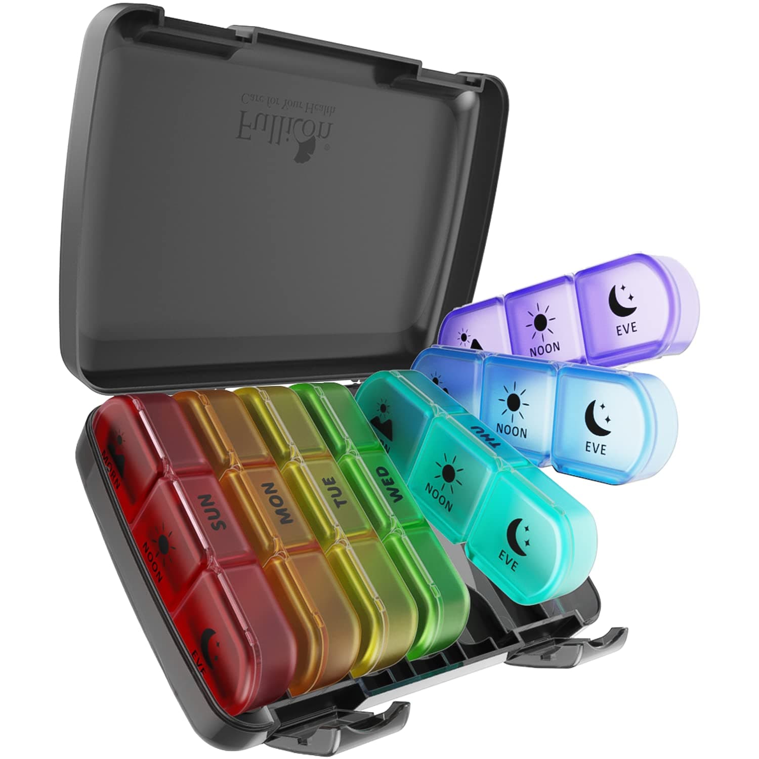 Pill Organizer 3 Times a Day, Fullicon Large Weekly Pill Case 7 Day, Daily Pill Box with 21 Compartments, Pill Dispenser Supplement Holder for Pills/Vitamin/Fish Oil - Multi-Colored