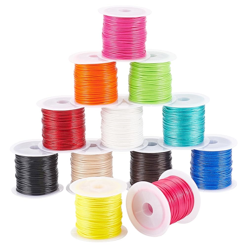 PH PandaHall 12 Rolls 1mm Waxed Polyester Cord Thread Beading String 12 Colors Braided Cords for Jewelry Bracelet Necklace Making And Macrame Supplies, 10m Each Roll