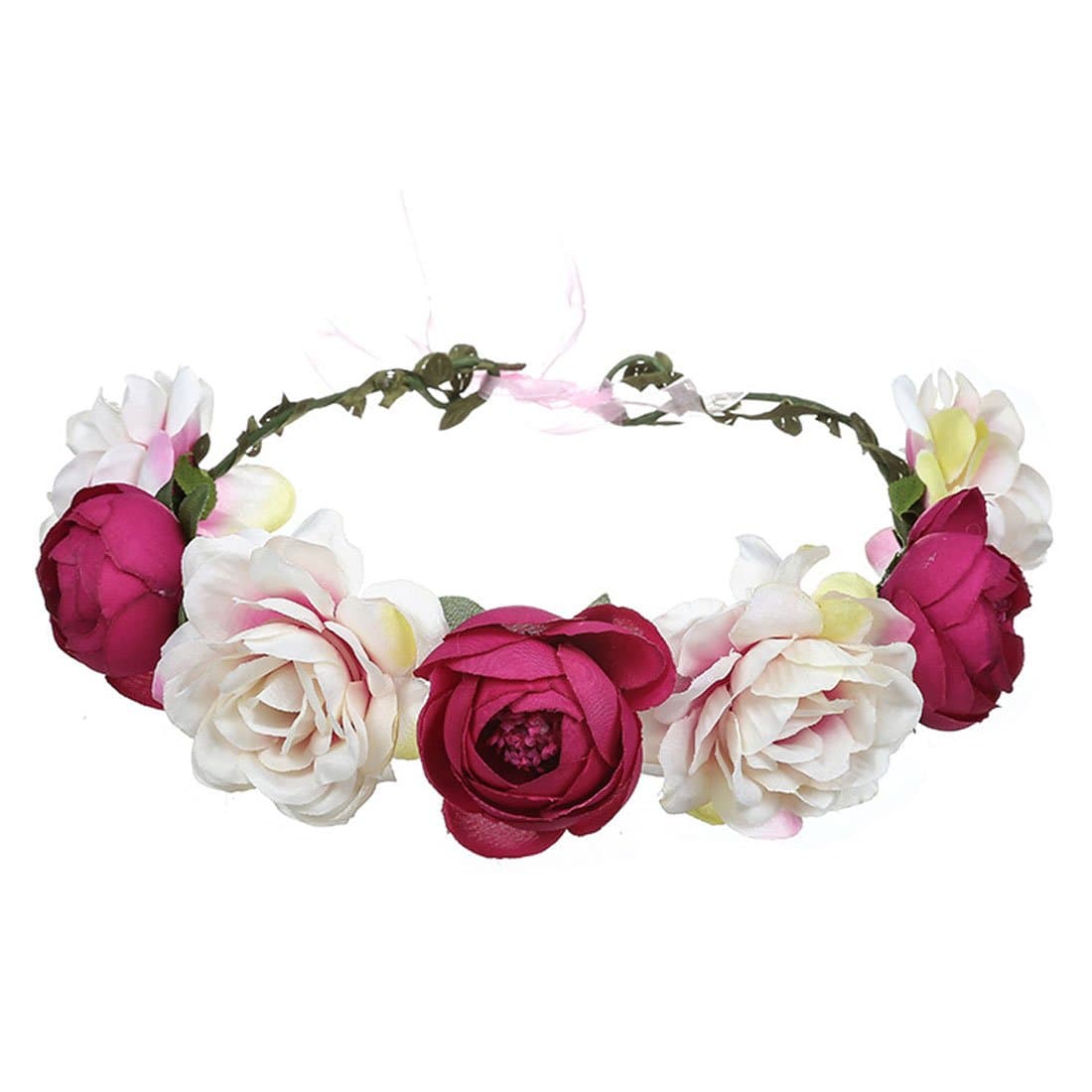 June Bloomy Women Rose Floral Crown Hair Wreath Leave Flower Headband with Adjustable Ribbon (Pink Purple)