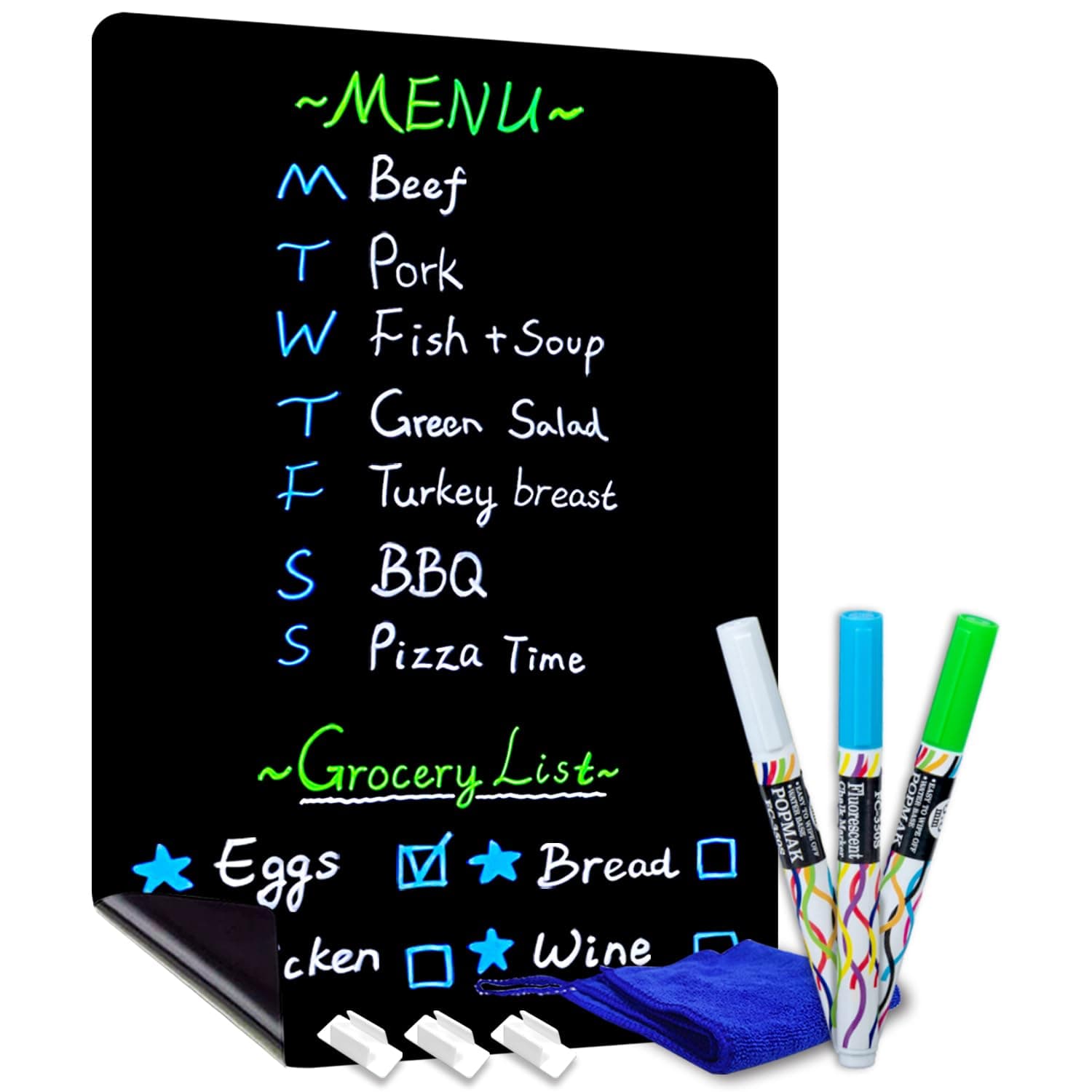CUHIOY Magnetic Blackboard for Fridge, Kitchen Chalkboard, 43x28cm Fridge Notepads, Dry Erase Planning Board for Memo, Weekly Meal Planner, Shopping List, to-do List, 3 Chalk Markers & Cleaning Eraser