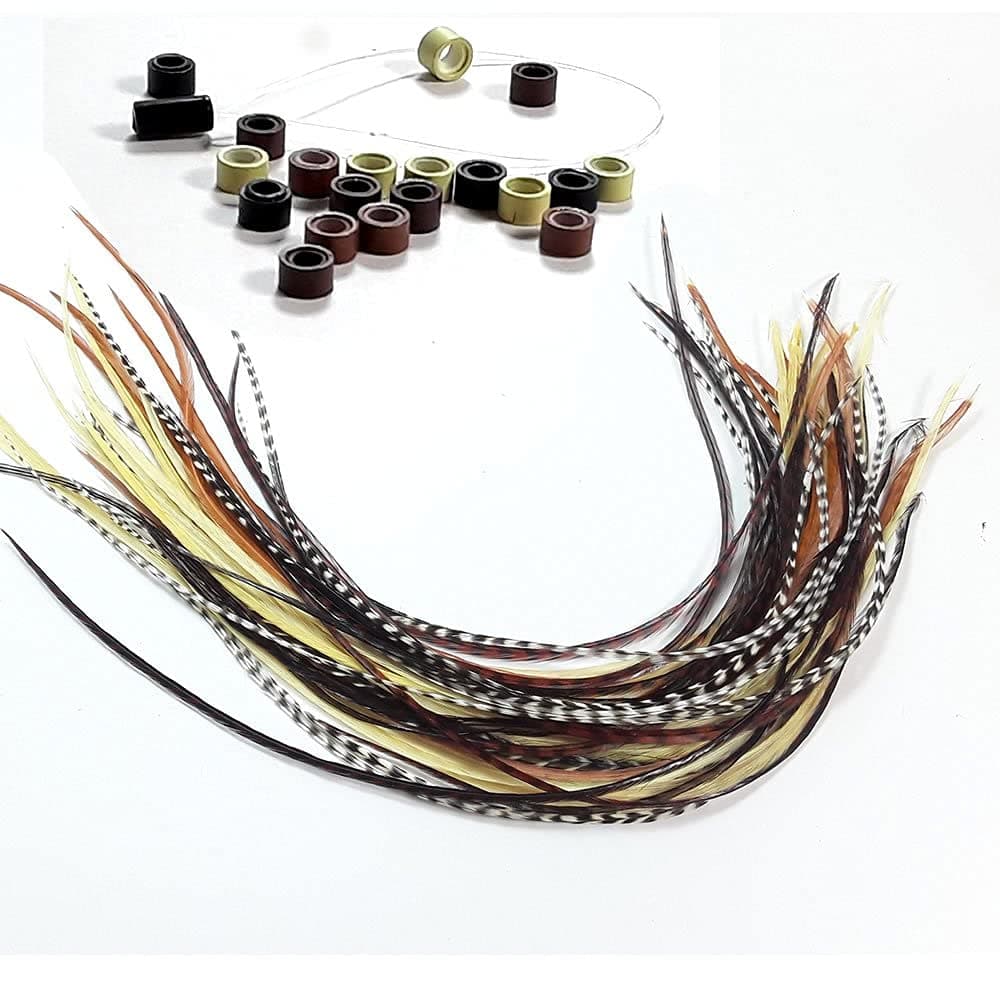 Feather Hair Extensions – 100% Real Rooster Feathers, 20 Natural Color Feathers, Ranging from 8 to 11 Inches, Includes 20 Micro Beads and Loop Tool Kit