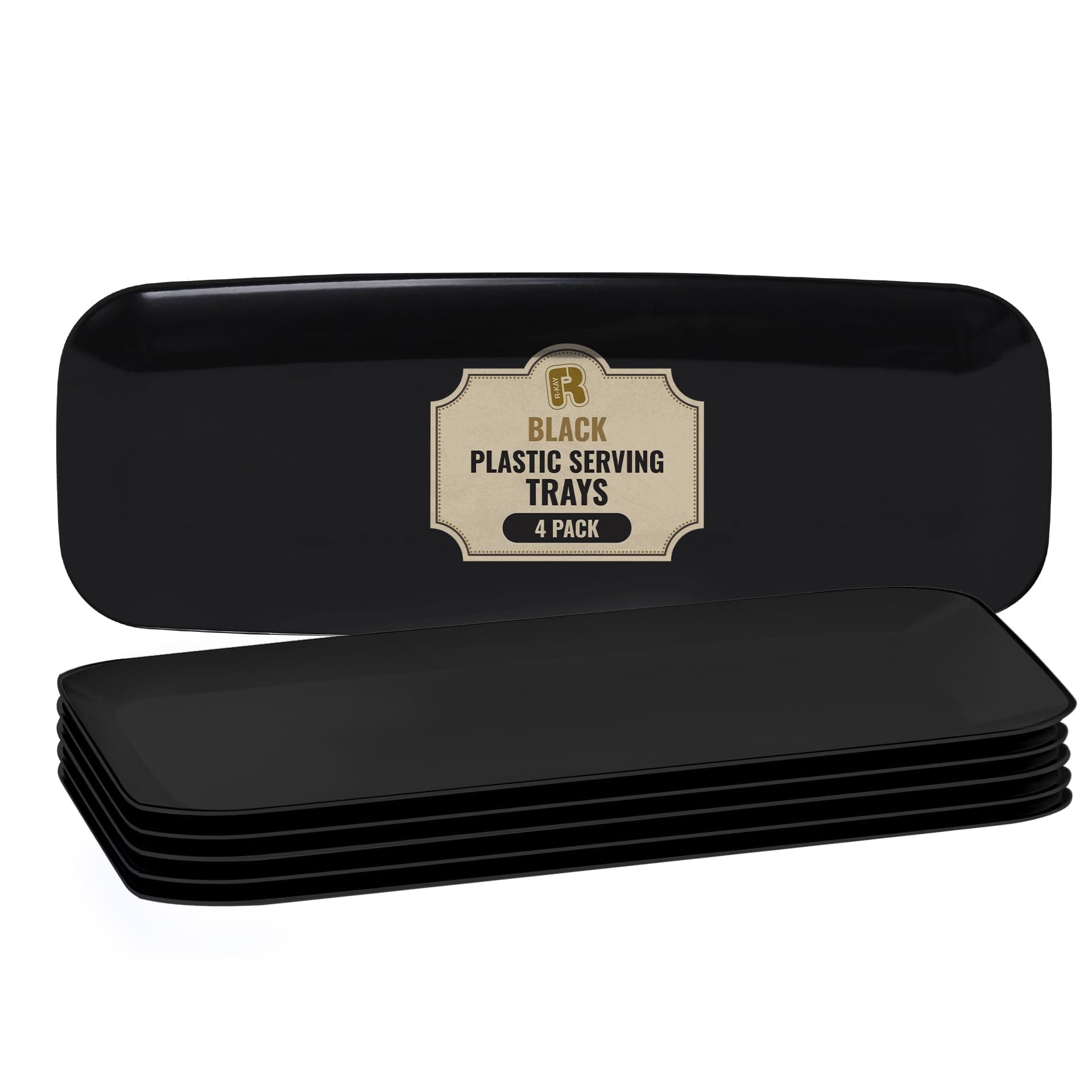 4 Pack Plastic Serving Trays for Party - Black Serving Tray 17 by 6.5 in - Heavy Duty Dessert Trays for Food - Rectangular Party Serving Trays - Premium Party Trays - Black Platters