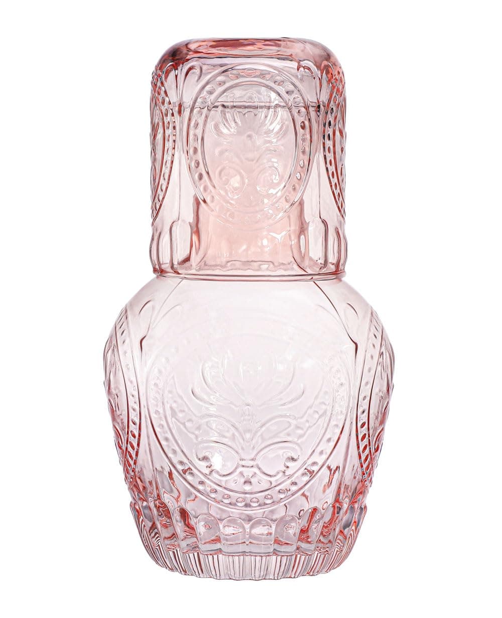 Retro Relief Glass Bedside Night Water Carafe with Tumbler Glass, Pitcher And Cup Night Set-Pink