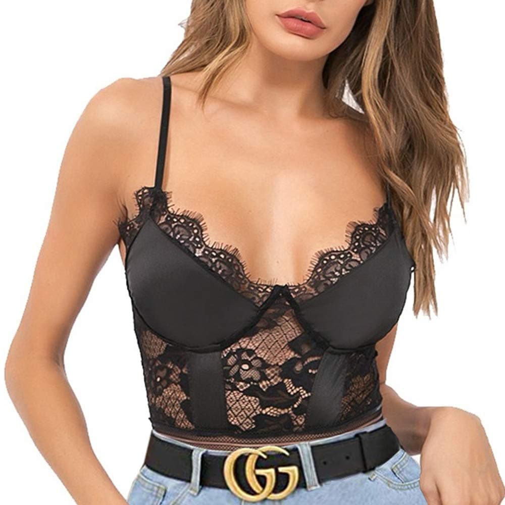 GEMBERA Women Sexy Straps Lace Bodysuit Tops Lingerie Underwear(003Black S)