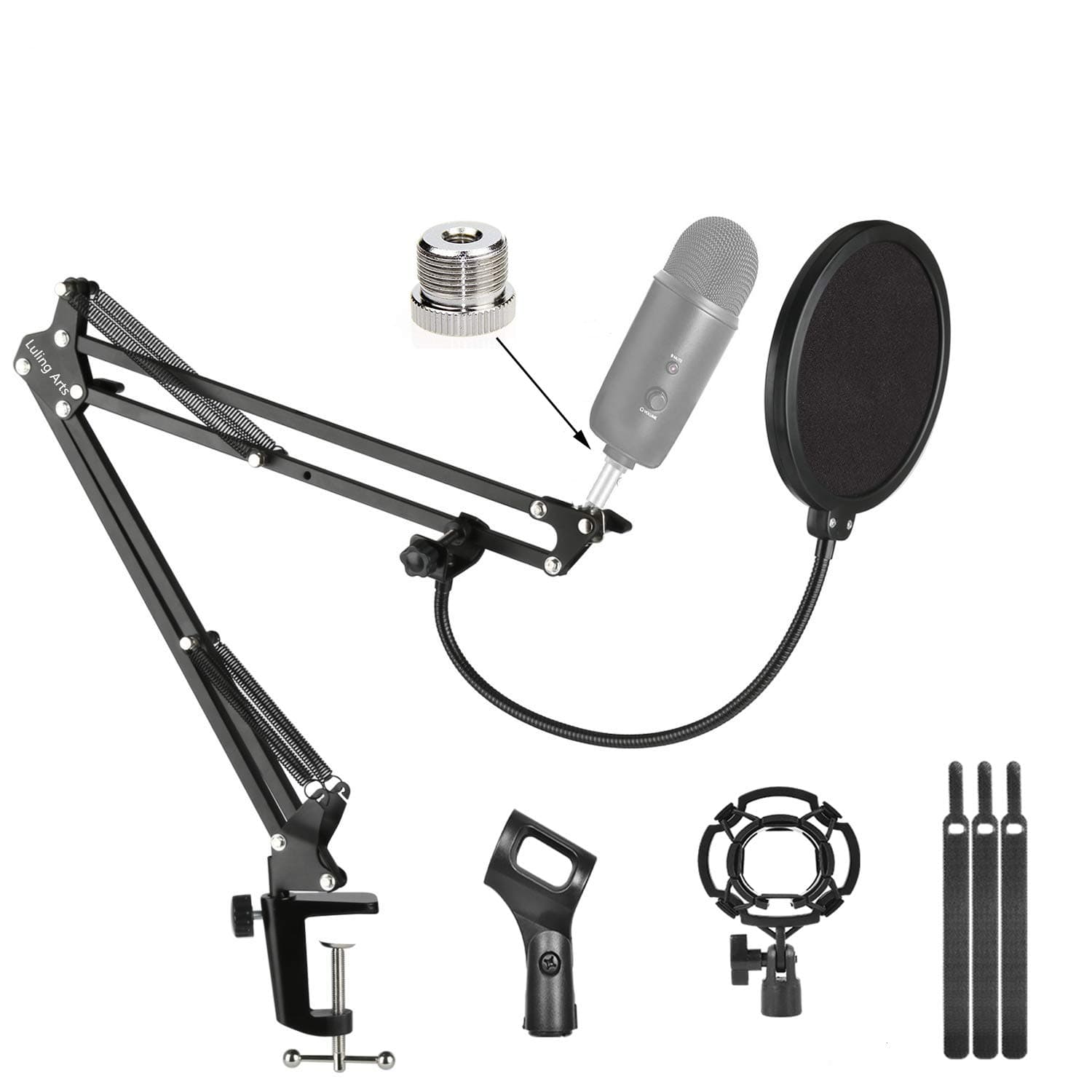 Microphone Stand for Blue Yeti, Snowball, Boom Arm Scissor Mic Stand with Shock Mount, Windscreen and Double layered Pop Filter, Heavy Duty Mic Boom Arm Stand, Broadcasting and Recording