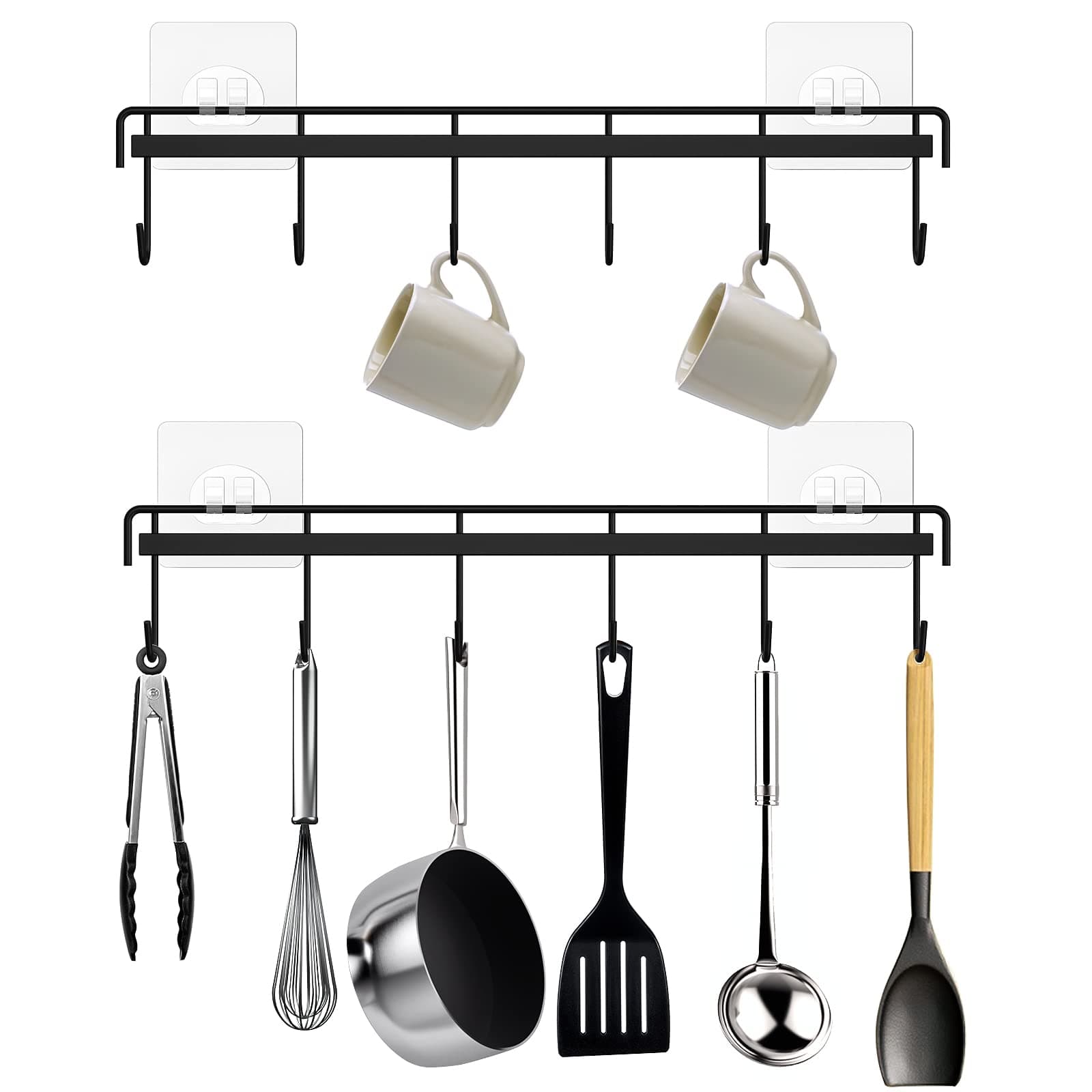 Kitchen Utensil Rack Wall Mount, Black Adhesive Kitchen Utensil Hanger No Drilling Kitchen Utensil Holder Space Saving Kitchen Wall Hooks for Kitchen Bathroom Camper - 2 Packs