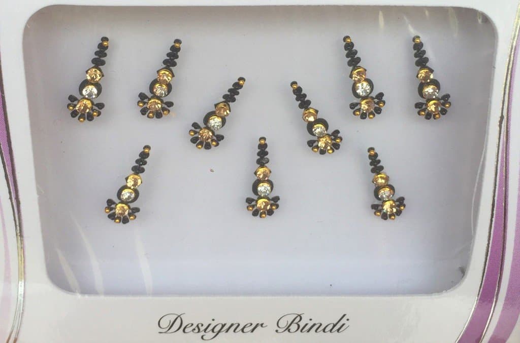 BDS340_Bla: Mehya's Designer Pack of Black and Gold Bindi with Silver and Gold crystal, Gold and Black Pearl Beads Threading Bindis, Chandla, Tattoo, Body Art, Decor, Card Marking, Bollywood Accessory, Tikka
