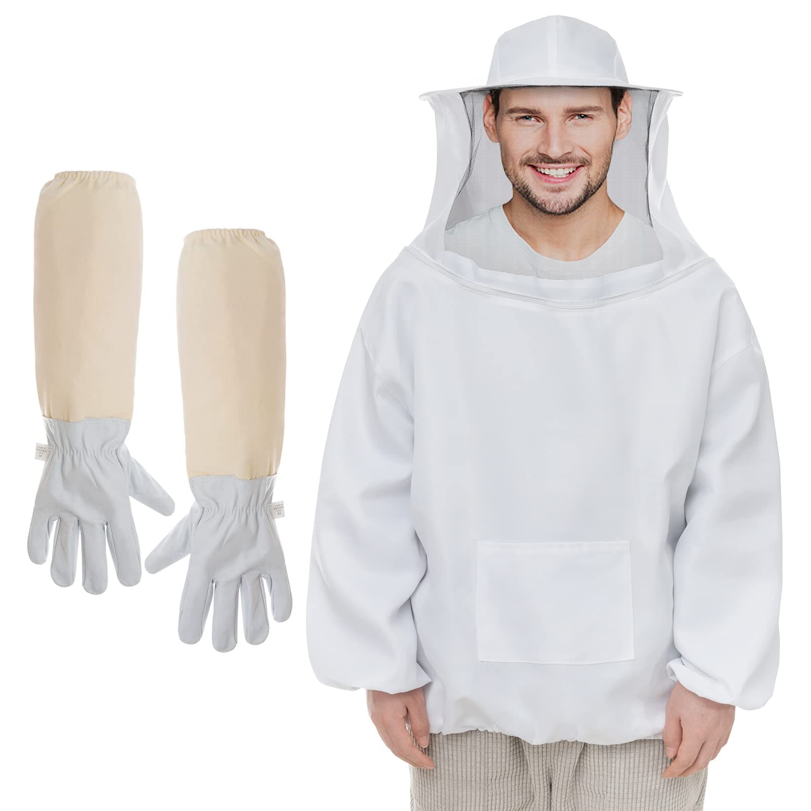 Professional Beekeeper Jacket with Goatskin Gloves - Premium Beekeeping Protective Suit Jacket Pull Over with Fencing Veil Hood, Halloween Bee Keeper Costumes Adult for Cosplay