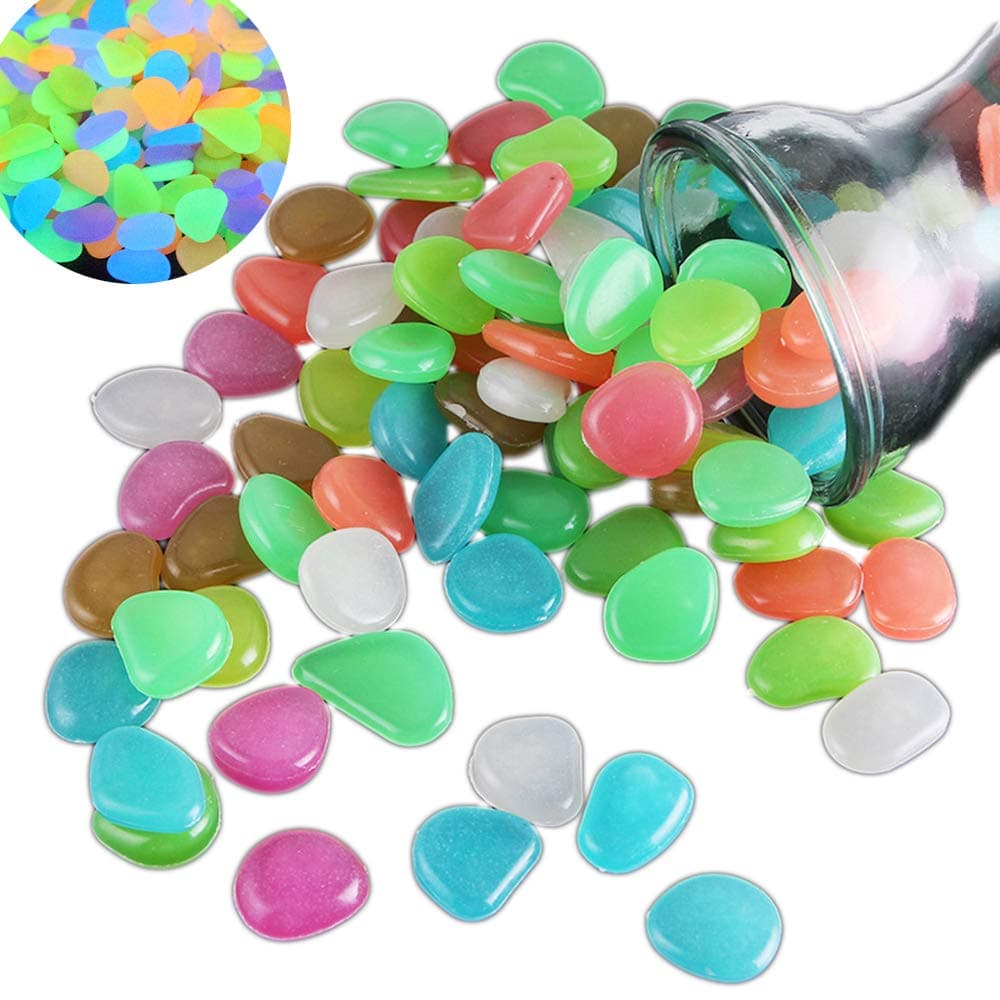 BIPY 100/pack Pebbles Stones Glow in the Dark Mix Colored Luminous Cobblestones for Home Walkway Yard Aquarium Fish Tank Garden Decorative