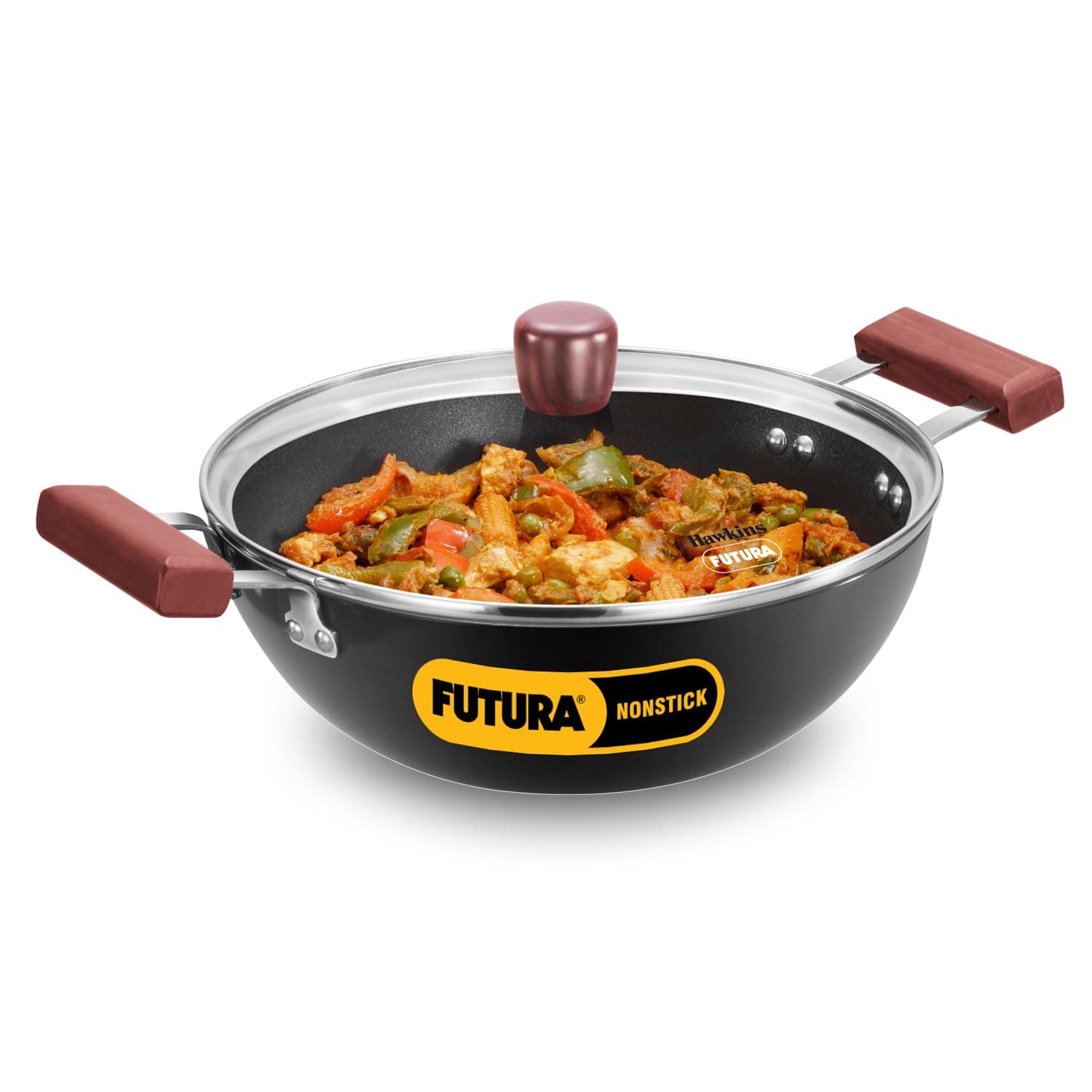HAWKINS Futura s Deep Kadhai, Non Stick Kadai with Glass Lid, Flat Bottom Induction Kadhai, (INK30G) 3 Litre Black