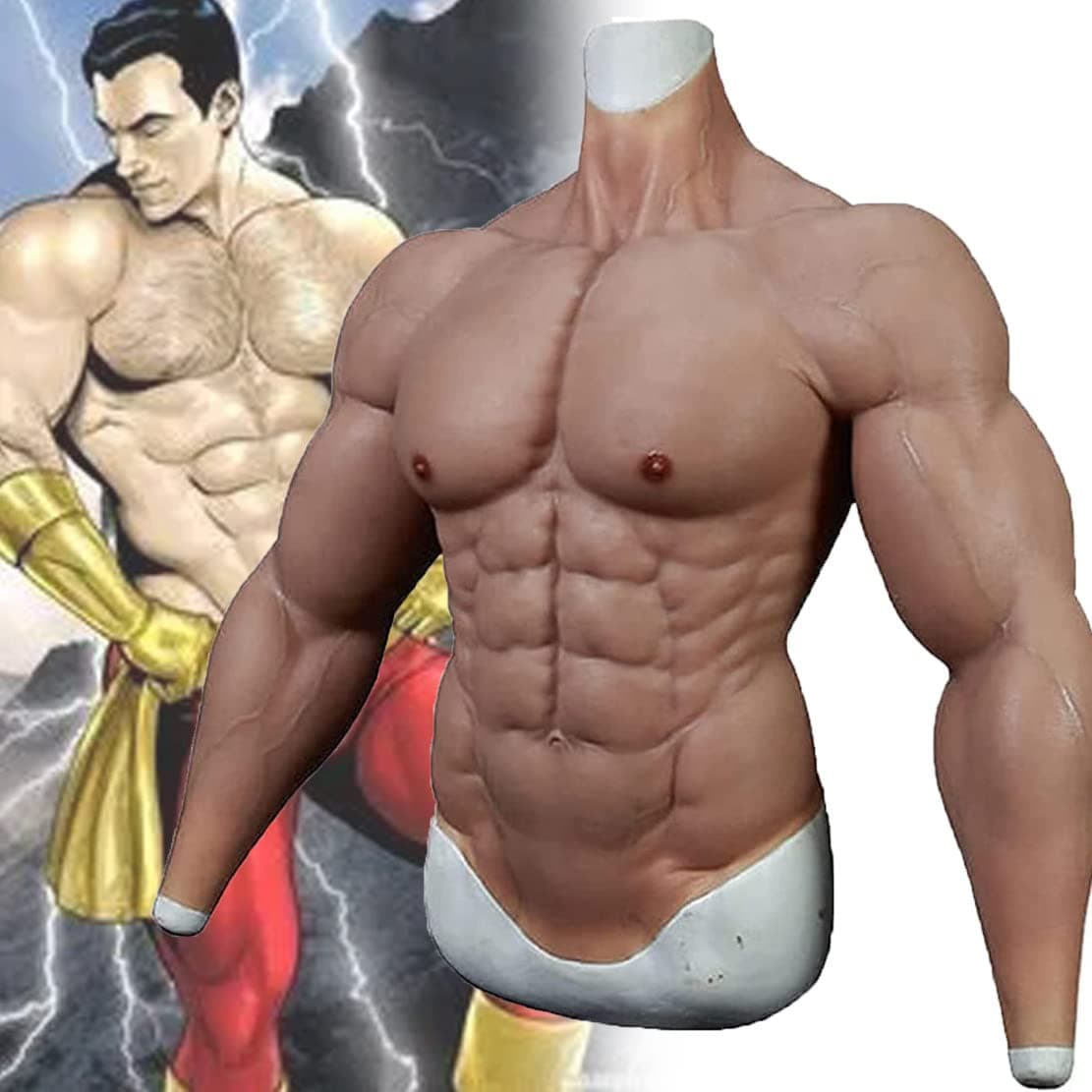 Upgraded Realistic Silicone Muscle Suit, Male Chest Fake Muscle Fake Abs with Muscle Arms, Fake Male Muscle Suit for Cosplay Halloween, Realistic Fake Chest Costume,Nature