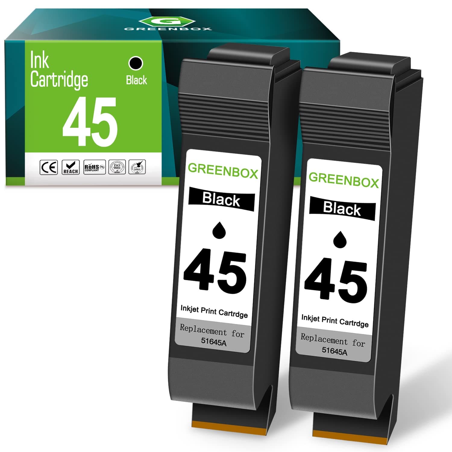 Remanufactured 45 High-Yield Ink Cartridge Replacement for HP 45 51645 51645A for Color Copier 180 Deskjet 820Cse 830 850 870 890 930 950 PhotoSmart 1000 1115 1215 P1000xi Printer (2 Black)