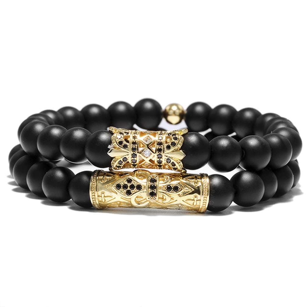 2pcs Mens Beaded Bracelet Set 8mm Black Matte Onyx Natural Stone Zircon Tube Bar Crown Bangle for Men Women Adjustable (black)