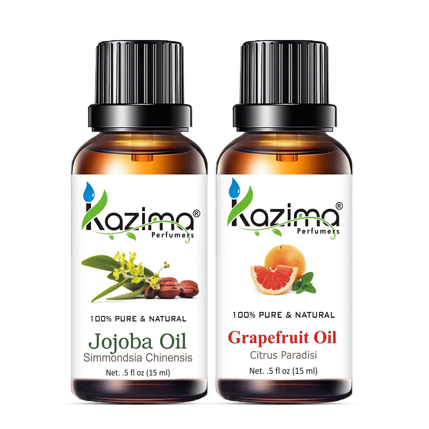 KAZIMA Combo of Jojoba Carrier Oil and Grapefruit Essential Oil - 100% Pure & Natural Oil for Acne, Wrinkles, Skin Moisturizing & Glowing, 15 ml each