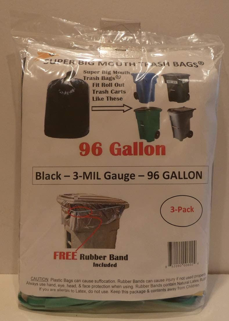 96 Gallon Super Big Mouth Trash Bags 3-Pack Plus 1 Free Rubber Tie Down Band