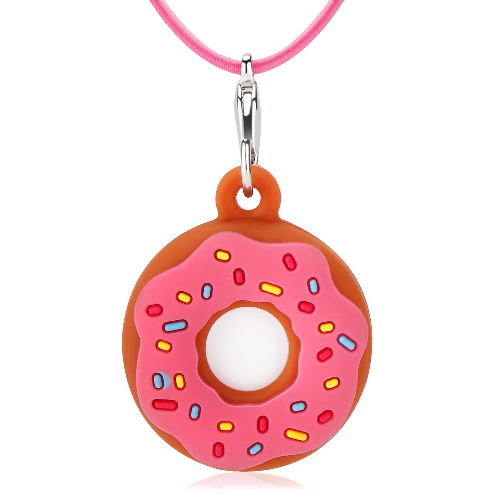 AirTag Holder Case, Cute Doughnut Airtag Necklace with Adjustable Stopper for Kids Children, Soft Silicone Shockproof Air Tag Holder Cover with 29 inch Elastic Lanyard (Pink)
