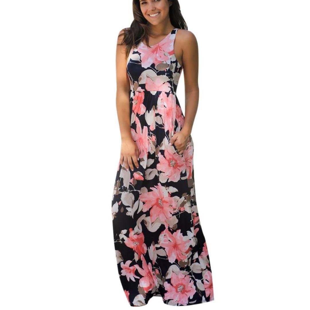 BLACKOBE Women Summer Sleeveless Floral Print Maxi Long Dress