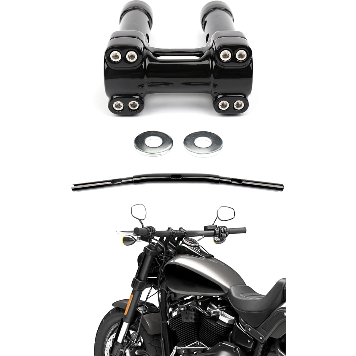 Drag Bars 1.25 Inch Handlebars and 4 Inch Riser One-Piece Handlebar Top Clamp Kit for 1996-2024 Dyna, Street Bob, Low Rider s, Fat Bob, slim and Sportster