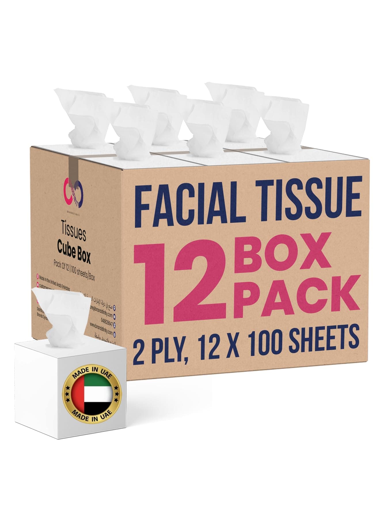 BRANDSFINITY 2 Ply Facial Tissue - Pack of 12 Cube Boxes of 100 Sheets - Contains 1200 Premium Quality Soft and Absorbent Tissues