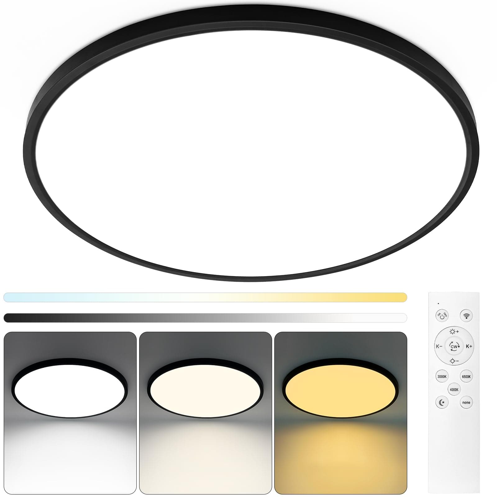 20 Inch Black Led Ceiling Light, Dimmable with Remote Control, Modern, Ultra Thin Flush Mount, Round Light Fixtures, 48W, 4800 Lumen, for Bedroom, Living Room, Kitchen, Dining Room