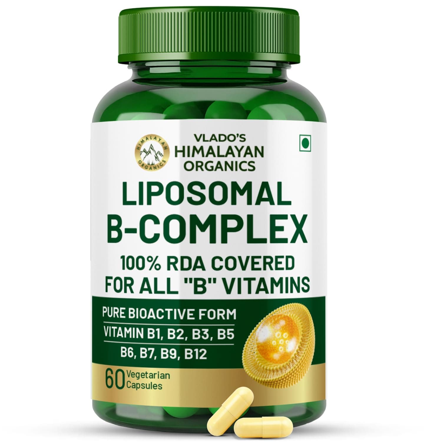 Plant Based Vitamin B Complex with 100% RDA B1, B2, B3, B5, B6, B9 & B12 | Hair Growth, Boost Energy And Immunity (60 Capsules)