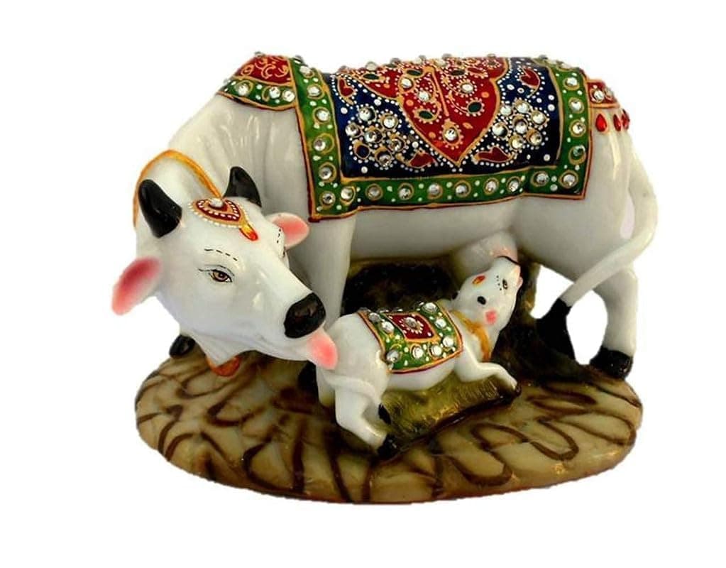 Cow Statue for Home & Office Decorative Polyresin Kamdhenu Statue|Holi Diwali Decoration|Gift Items|Showpiece|Valentice Day Gift|Nandi Showpiece, 12.5 x 10 cm, Multicolor