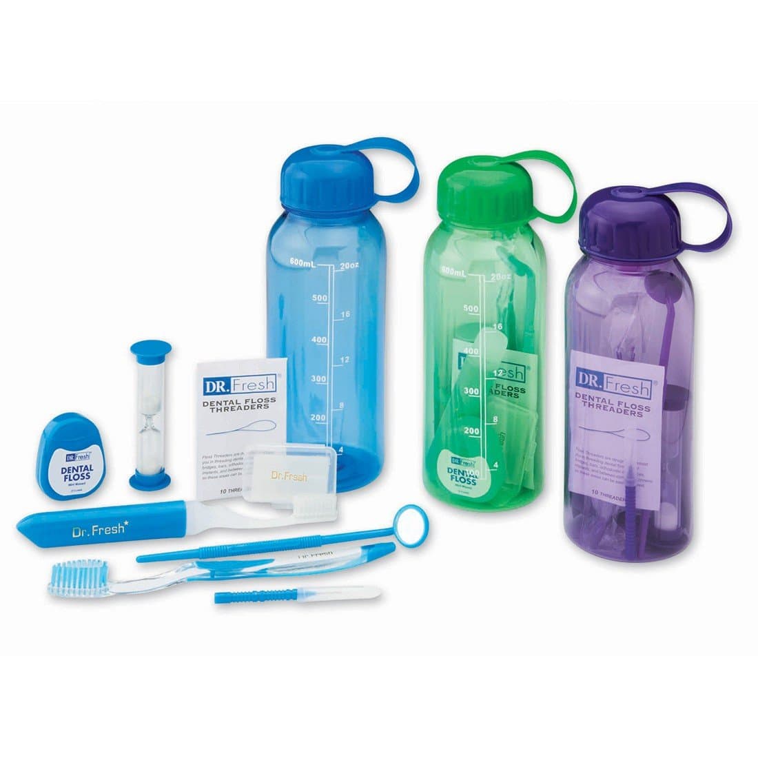 Dental Travel Kit; Toothbrush, Orthodontic Floss, 2 Minute Timer, Folding Toothbrush, Mirror, Proxy Brush & Case, Mint Wax For Braces, Floss Threaders, Water Bottle | Flight Road Trip Camping (3 Pack)