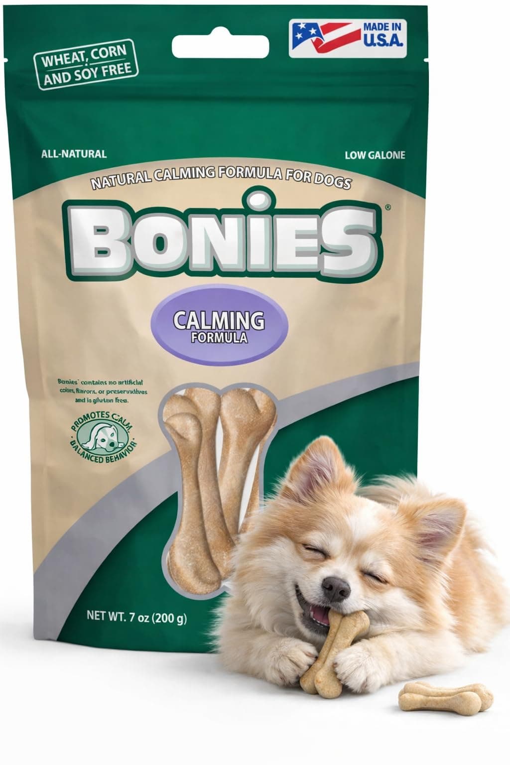 Bonies Natural Calming Formula Dog Treats - Contains Chamomile & Lavender, Help Anxiety, Excessive Barking & Trembling, Chicken Flavor, Mini, 20 Bones