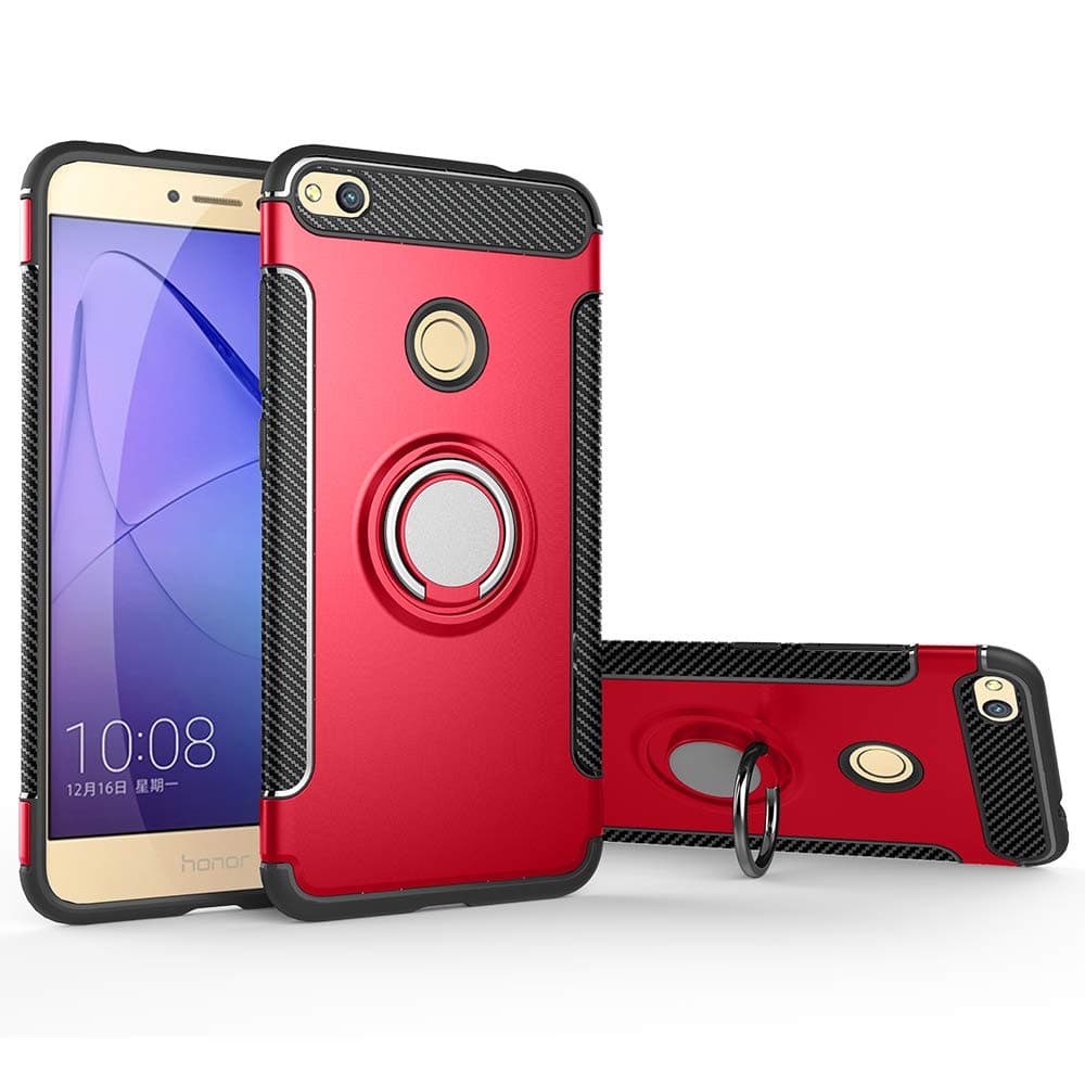 Case for Huawei P8 Lite 2017 Pra-LX3 Pra-LA1 PRA-L31 / P9 Lite 2017 Pra-LX1 / GR3 2017 Pra-LA1 Pra-LX2 Case Cover + 360 Degree Rotating Ring Holder Kickstand Red